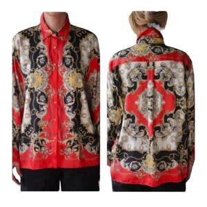 Zara Scarf Chain Paisley Print Satin Button Up Women’s Blouse‎ Size Medium
